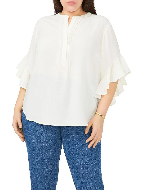 Plus Womens Split Neck Ruffled Henley