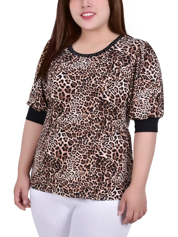 Plus Womens Studded Elbow Sleeve Blouse