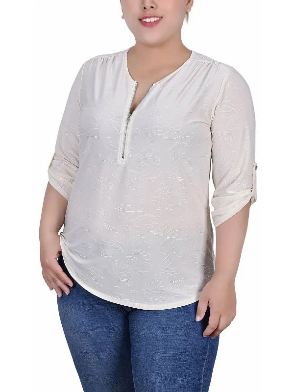 Plus Womens Zip Front Rolled Sleeve Henley