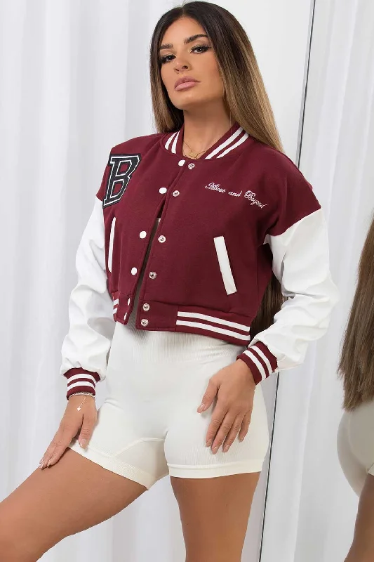 PU Sleeve Varsity Bomber Cropped Letterman Jacket Wine Red