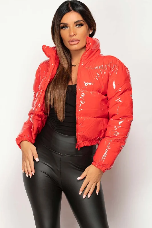 Red Shiny Vinyl Puffer Jacket Cropped