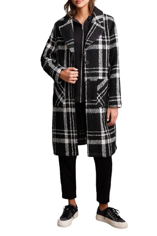 Texture Boucle Plaid Duster Button-Up Coat Jacket In Black/white