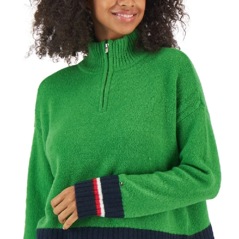 Tommy Hilfiger Women's Colorblocked Half Zip Sweater Green Size Small