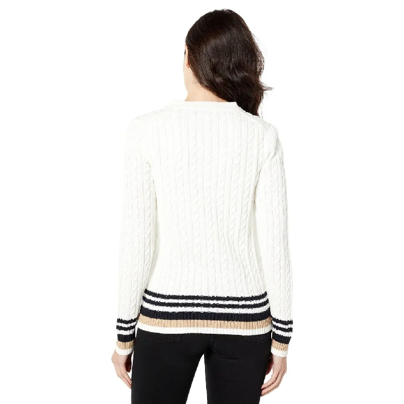 Tommy Hilfiger Women's Cotton Cable Knit Tipped Sleeve Sweater White Size X-Large