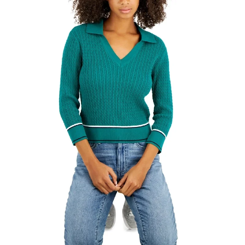 Tommy Hilfiger Women's Cotton Johnny Collar Cable Knit Sweater Green Size Large