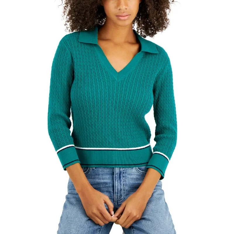 Tommy Hilfiger Women's Cotton Johnny Collar Cable Knit Sweater Green Size Medium