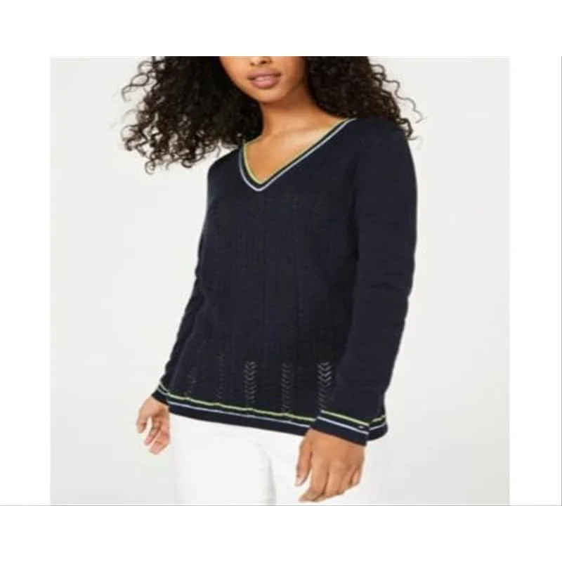 Tommy Hilfiger Women's Cotton Pointelle Sweater Blue Size X-Small