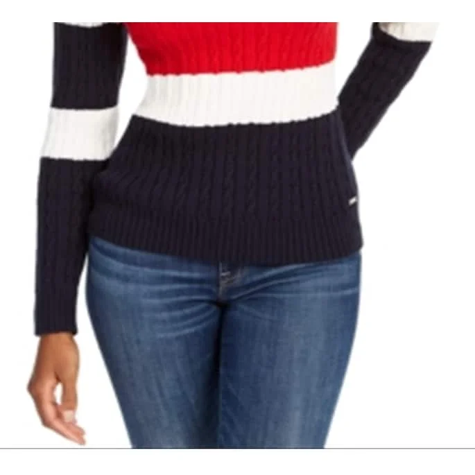 Tommy Hilfiger Women's Flag Colorblocked Cotton Cable Knit Sweater Blue Size Xx-Large