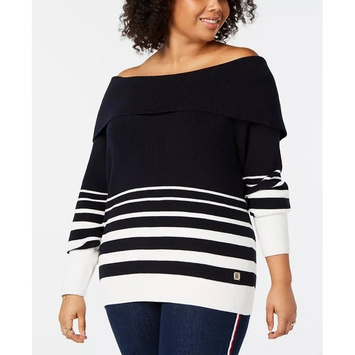 Tommy Hilfiger Women's Plus Striped Off-The-Shoulder Cotton Sweater Black/White Size 3X