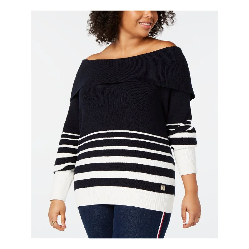 Tommy Hilfiger Women's Plus Striped Off The Shoulder Sweater Blue Size 2Xl