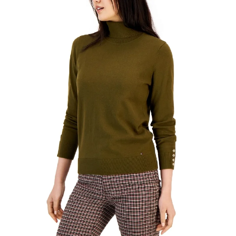 Tommy Hilfiger Women's Solid Buttoned Cuff Stella Sweater Green Size X-Small