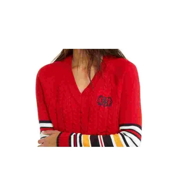 Tommy Hilfiger Women's Varsity Stripe Cable Knit Sweater Red Size X-Large