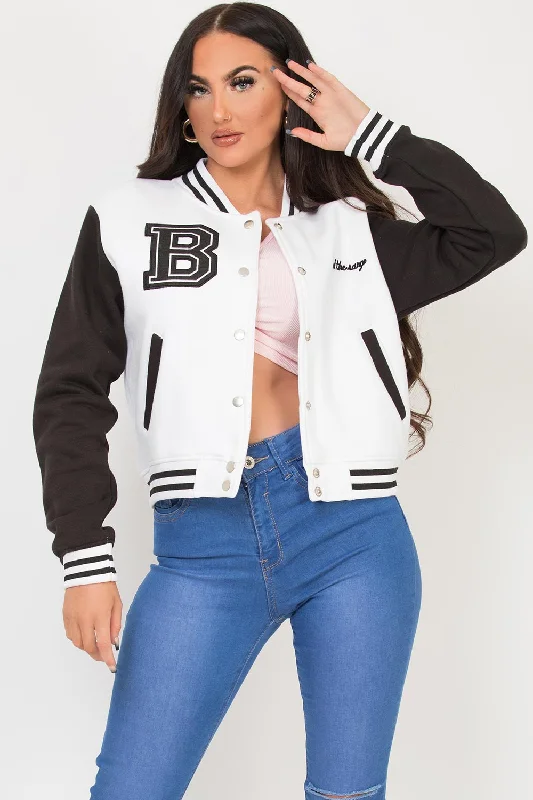 Varsity Bomber Cropped Jacket With B Slogan Black & White