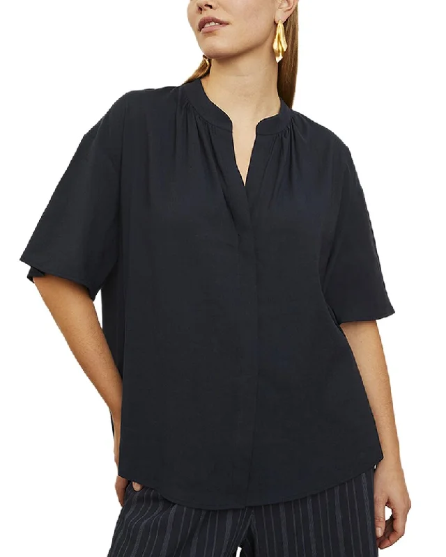 Vince Plus Shirred Band Collar Linen-Blend Blouse