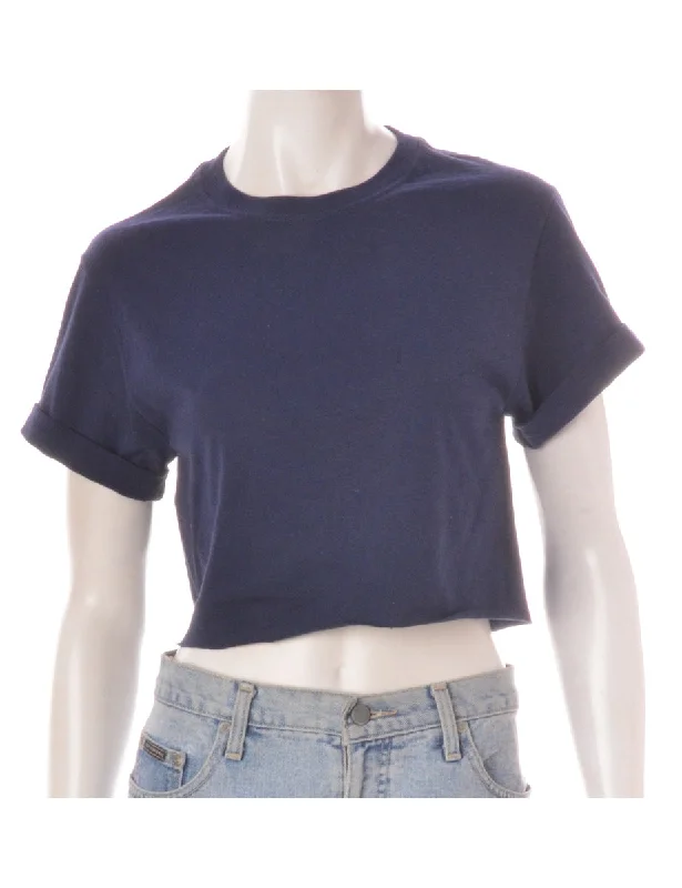 Label Cropped Bell Roll Sleeve Navy T-Shirt