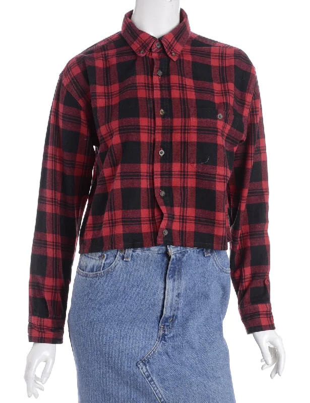 Label Cropped Long Sleeve Flannel Shirt