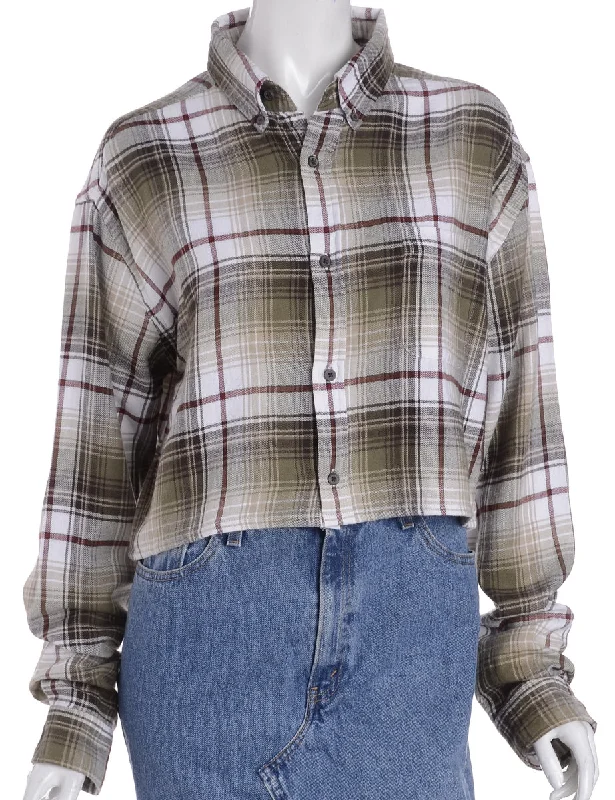 Label Cropped Long Sleeve Flannel Shirt