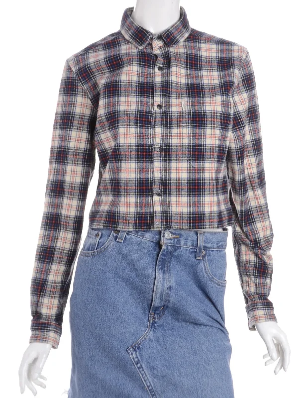 Label Cropped Long Sleeve Flannel Shirt