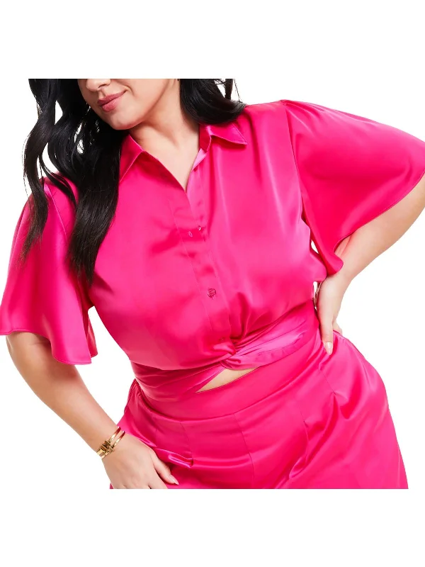 Plus Womens Collar Satin Button-Down Top