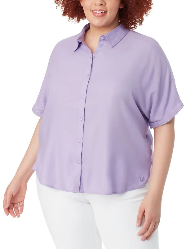 Plus Womens Collar Woven Button-Down Top