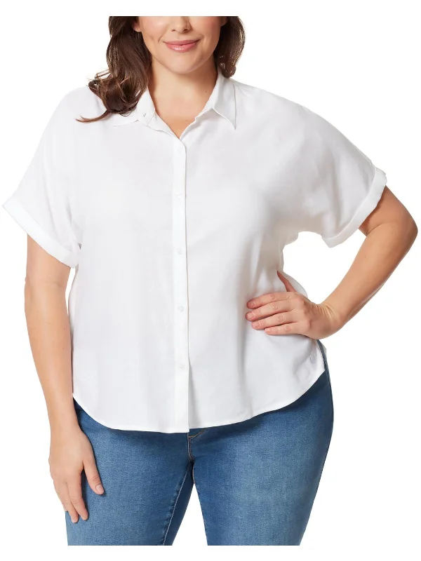 Plus Womens Collared Cuff Sleeves Button-Down Top