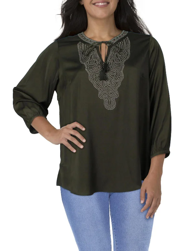 Plus Womens Embellished Front Tie Blouse