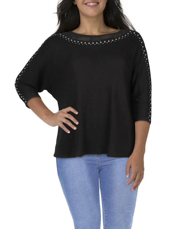 Plus Womens Embellished Ribbed Knit Blouse