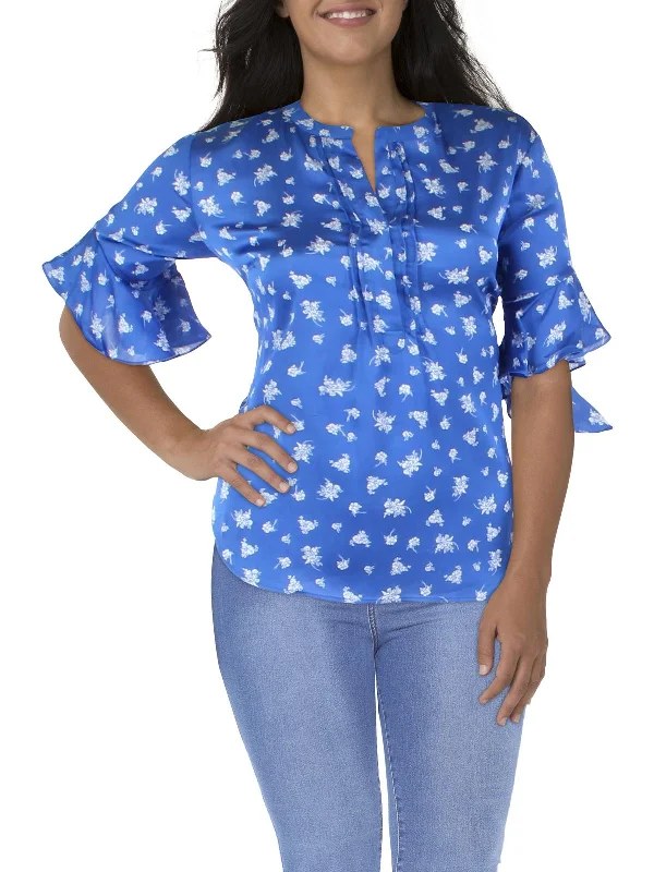 Plus Womens Floral Bell Sleeve Blouse