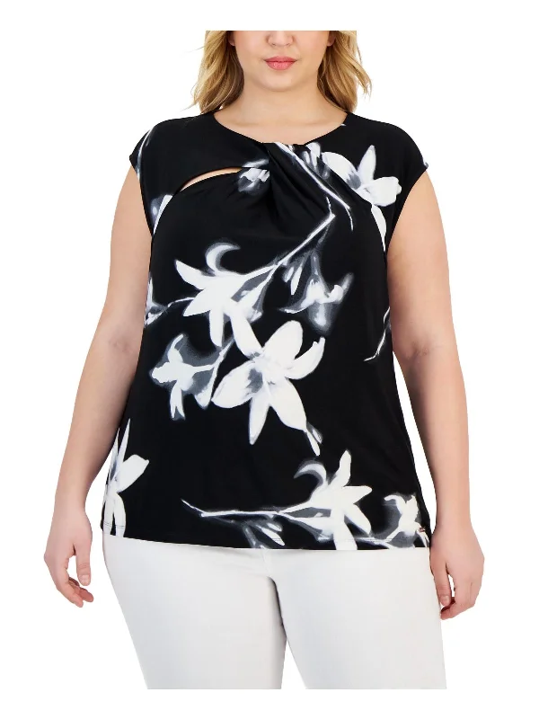 Plus Womens Floral Print Cut-Out Blouse