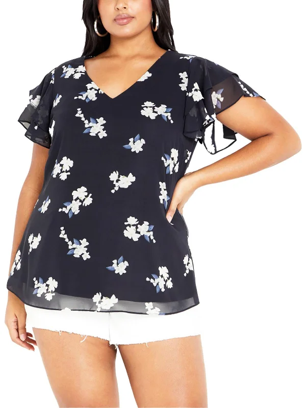 Plus Womens Floral Print Polyester Blouse