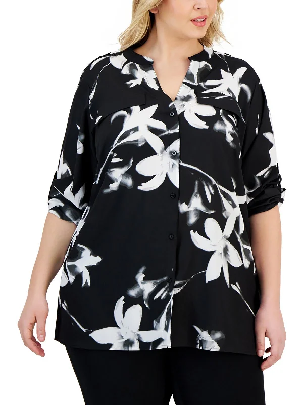 Plus Womens Floral Print Sheer Button-Down Top