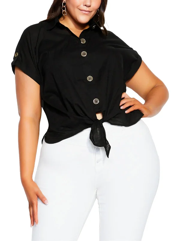 Plus Womens Knot-Front Cotton Button-Down Top