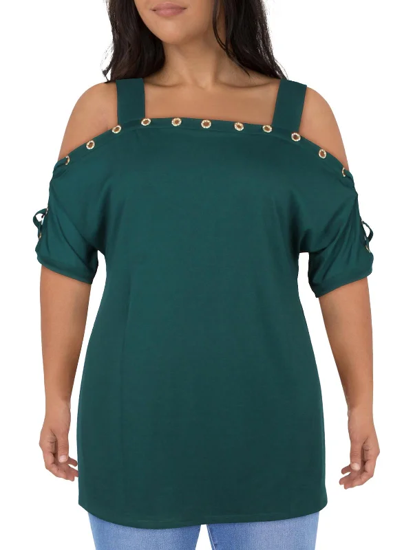 Plus Womens Lace-Up Night Out Blouse