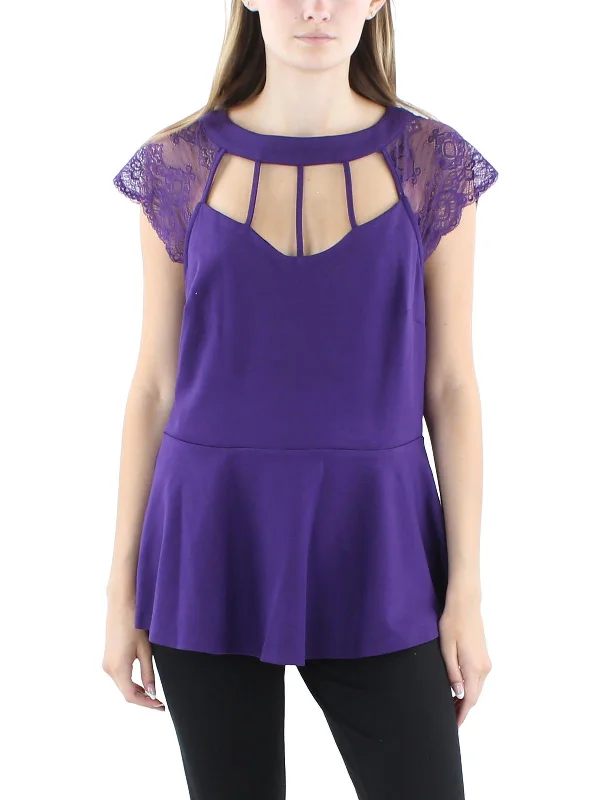 Plus Womens Ladder Stitch Lace Sleeve Peplum Top