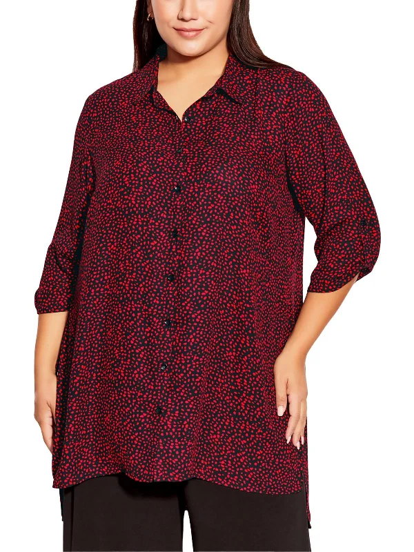 Plus Womens Longline Printed Button-Down Top