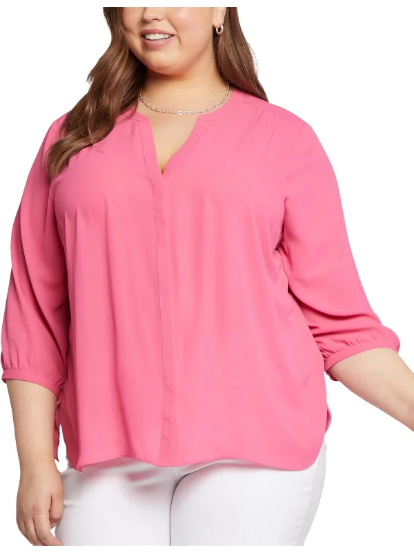 Plus Womens Pintuck Wide Neck Button-Down Top