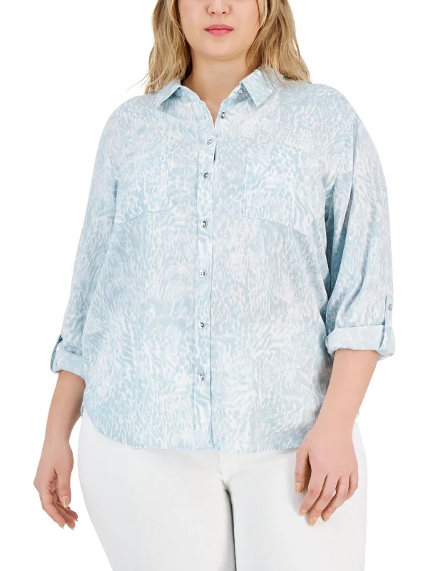 Plus Womens Printed Collared Button-Down Top