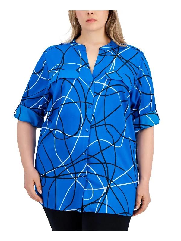 Plus Womens Printed Polyester Button-Down Top