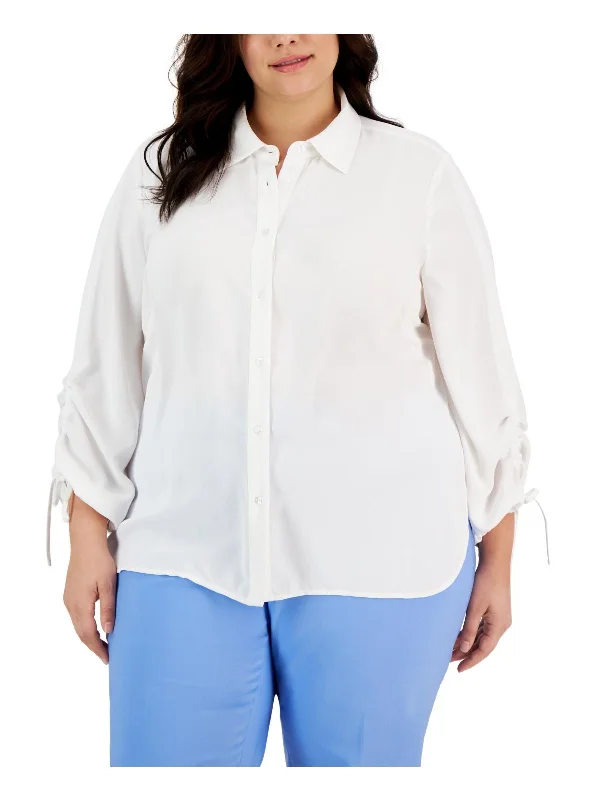 Plus Womens Ruched Polyester Button-Down Top