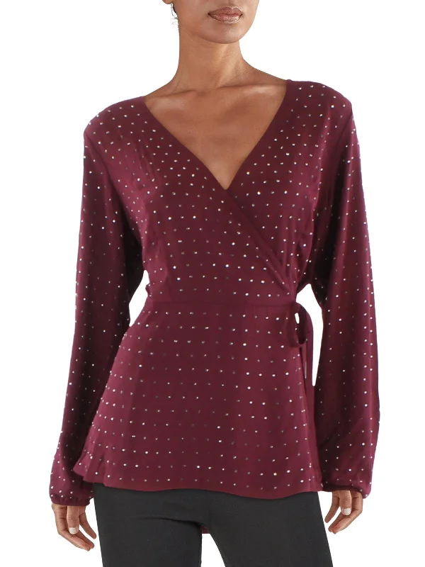 Plus Womens Side Tie Embellished Wrap Top