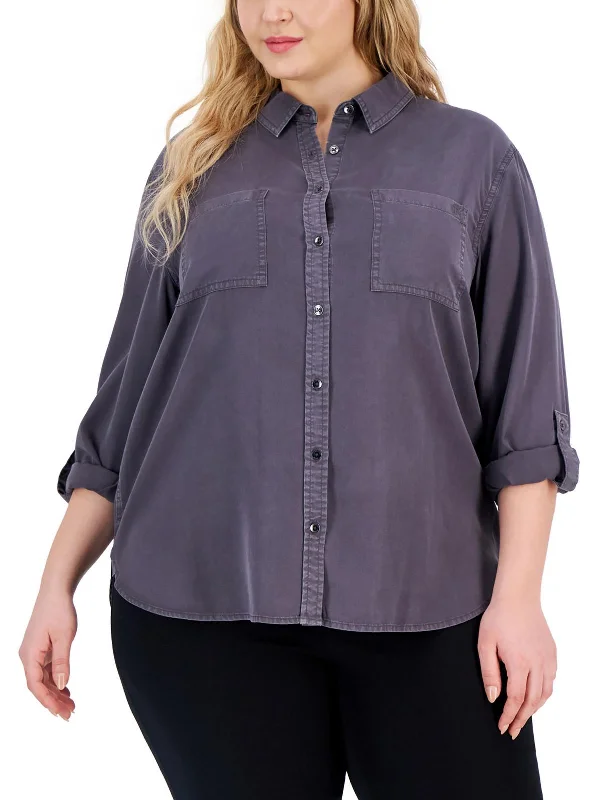 Plus Womens Tencel Collared Button-Down Top