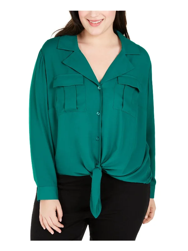 Plus Womens Tie-front Pocket Blouse