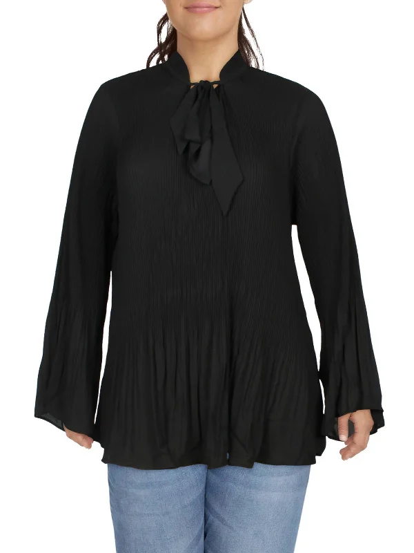 Plus Womens Tie Neck Pleated Blouse