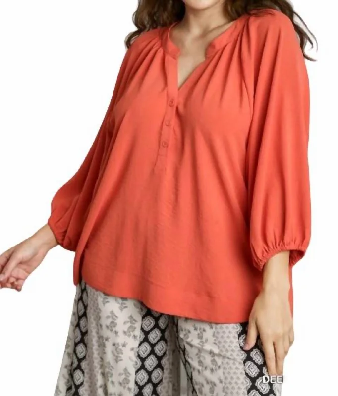 Raglan Sleeve High Low Hem Blouse - Plus In Deep Coral