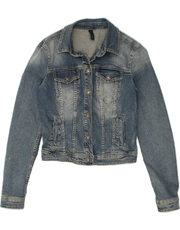 BENETTON Womens Crop Denim Jacket UK 10 Small Blue Cotton