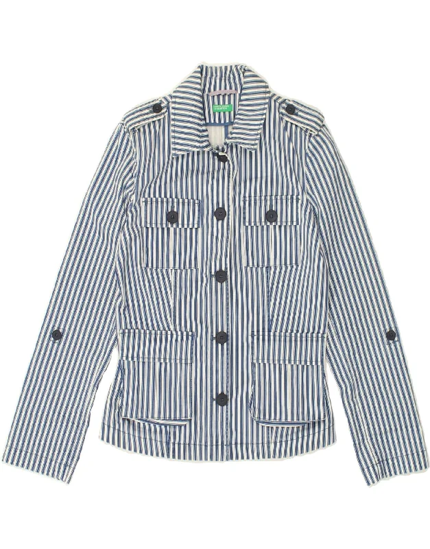 BENETTON Womens Military Denim Jacket UK 10 Small Blue Striped Cotton