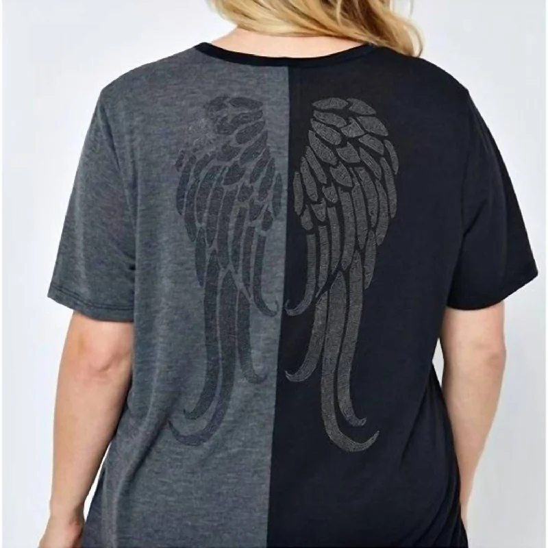 Color Block Plus Top With Rhinestone Angel Wings On Back In Black, Grey