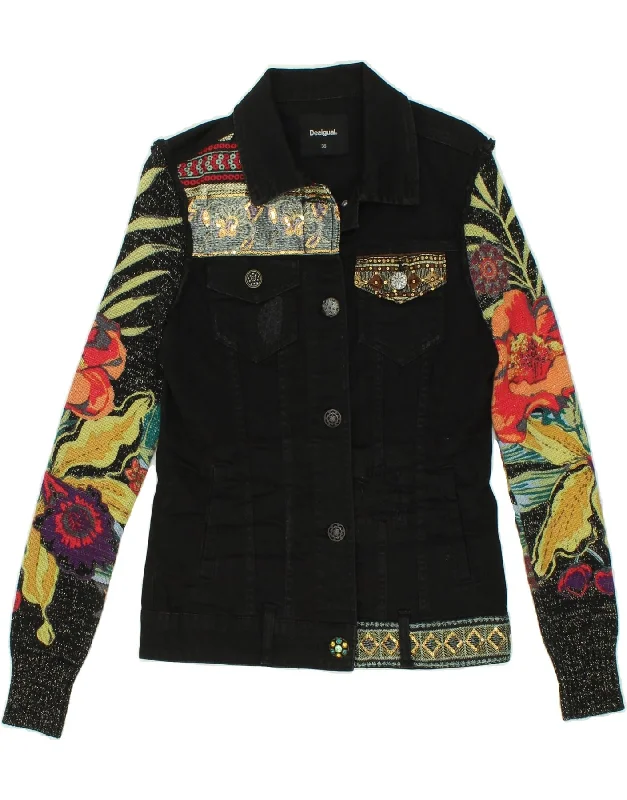 DESIGUAL Womens Graphic Denim Jacket EU 36 Small Black Floral