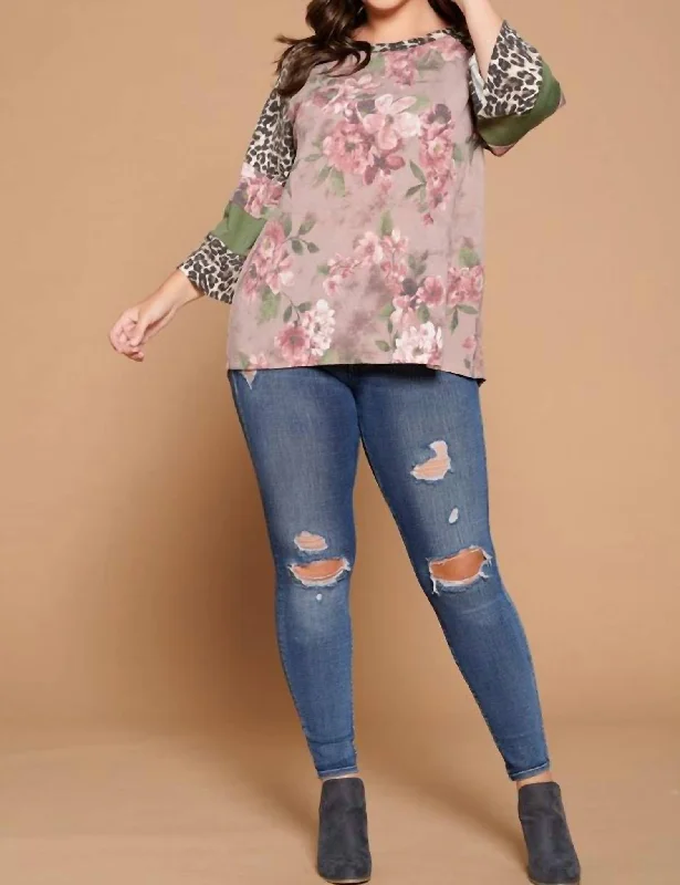 Floral And Leopard Raglan Sleeve Plus Top In Mauve