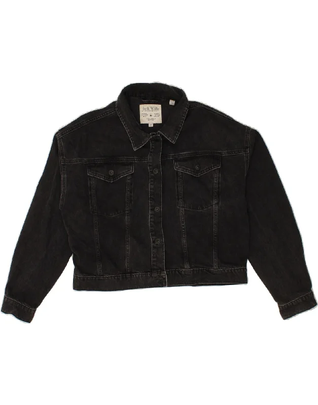 JACK WILLS Womens Crop Denim Jacket UK 14 Large  Black Cotton